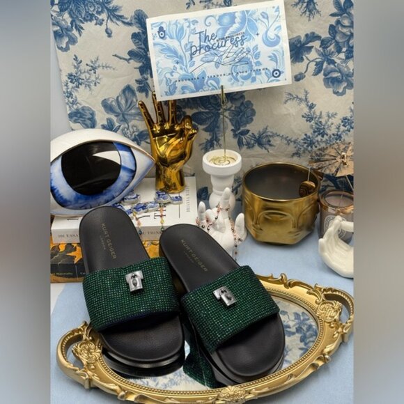 🆕 KURT GEIGER LONDON 🧿 NWOB Brixton Poolslide, Blue Green Crystals - Sz 37 US7 - Picture 2 of 15